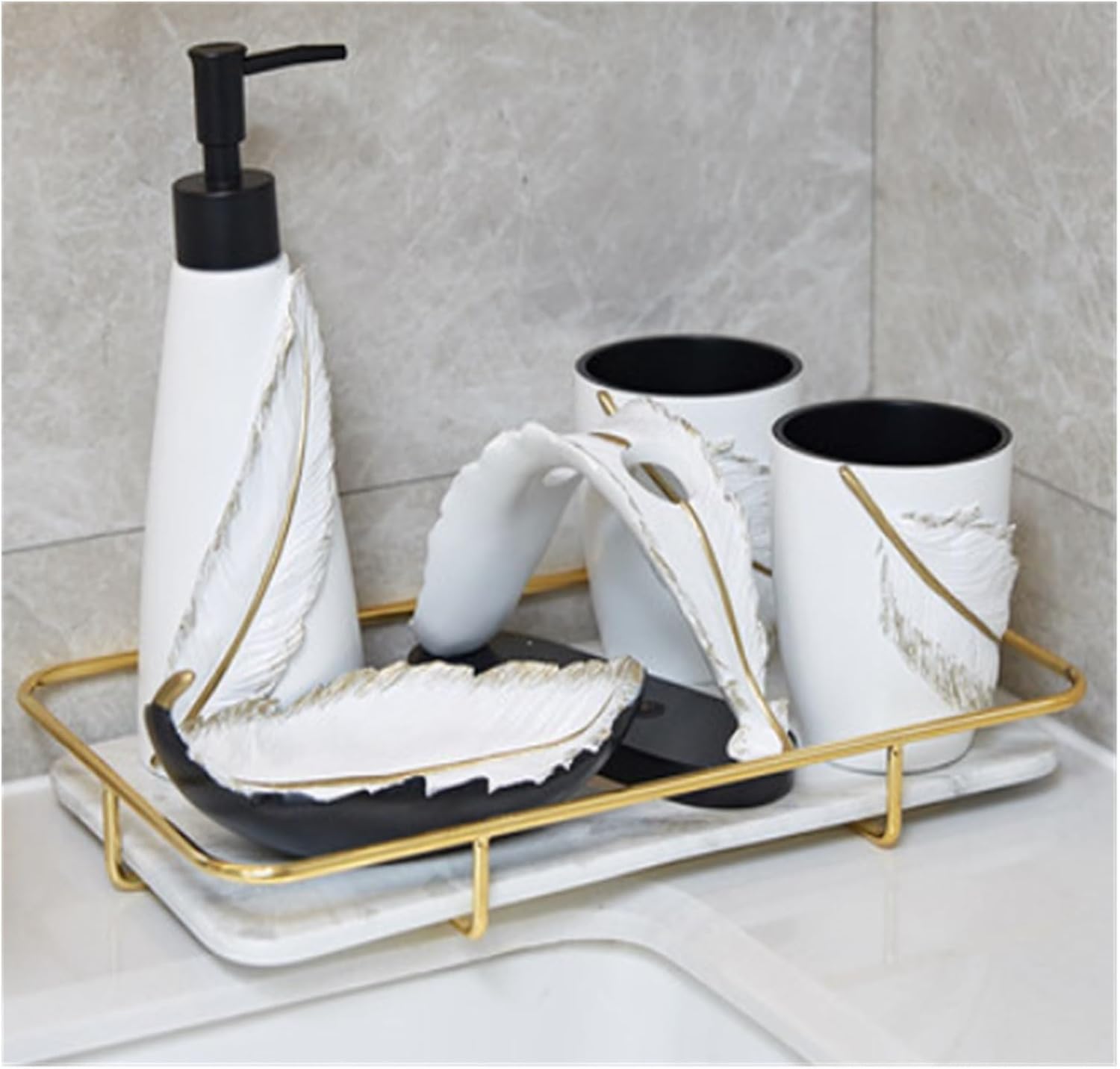 Vanity Bathroom Decor, 6 Packs Bathroom Accessories Set Features Liquid Soap Pump Toothbrush Holder Tumbler Soap Dish Housewarming Gift