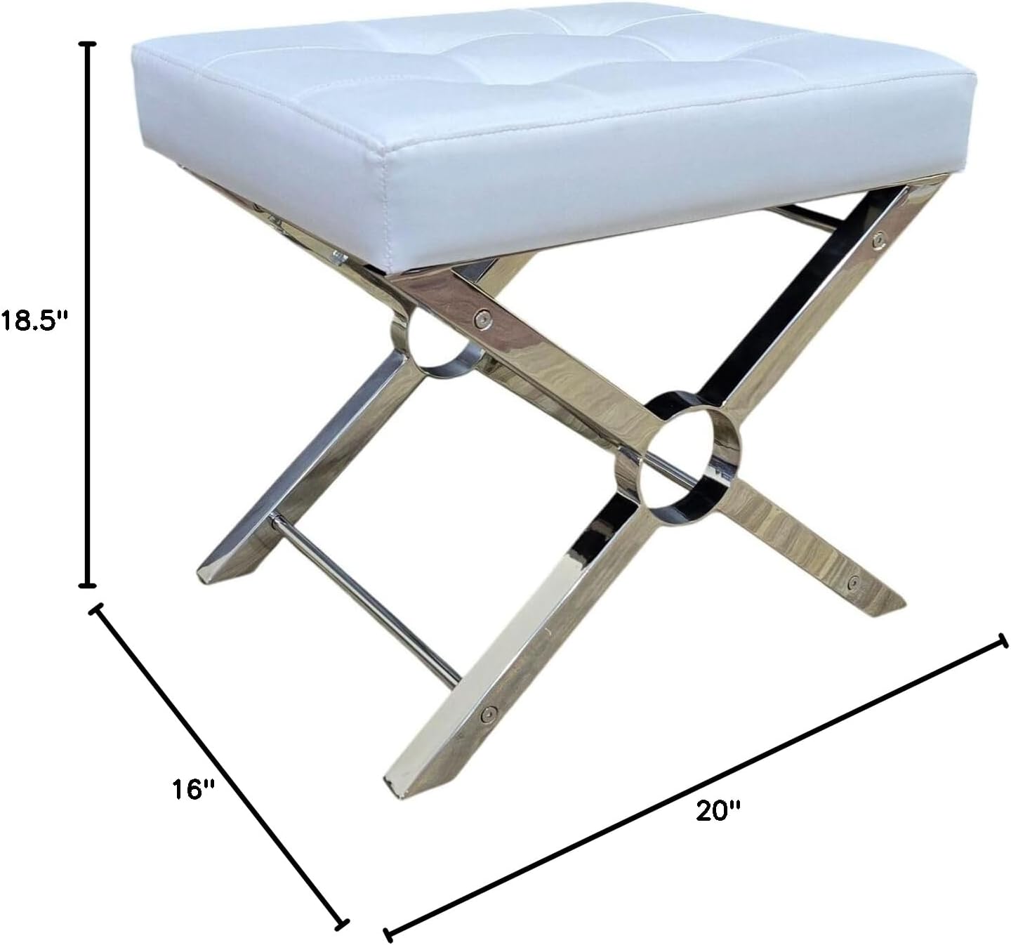 Carolina Chair & Table Modern X-Frame Stool - Luxury Chrome Steel Base with White Upholstery Cushion Faux Leather Soft Seat, Vanity Bench - Modern Style Accent Furniture for Living Room, Bedroom