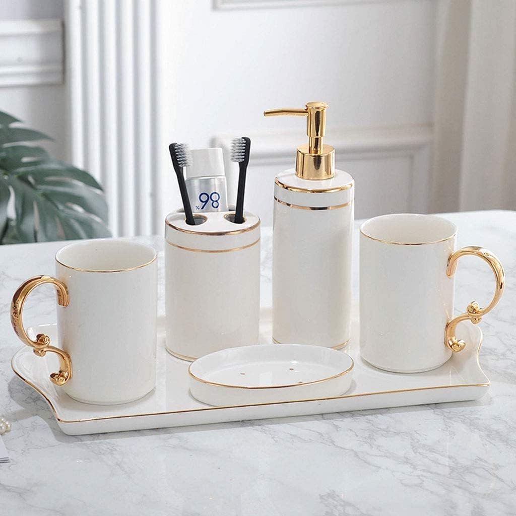 Vanity Bathroom Decor, Ceramic Bathroom Accessories Set Lotion Soap Dispenser Toothbrush Holder Cup Soap Dish Housewarming Gift(6pcs(Golden Handle))