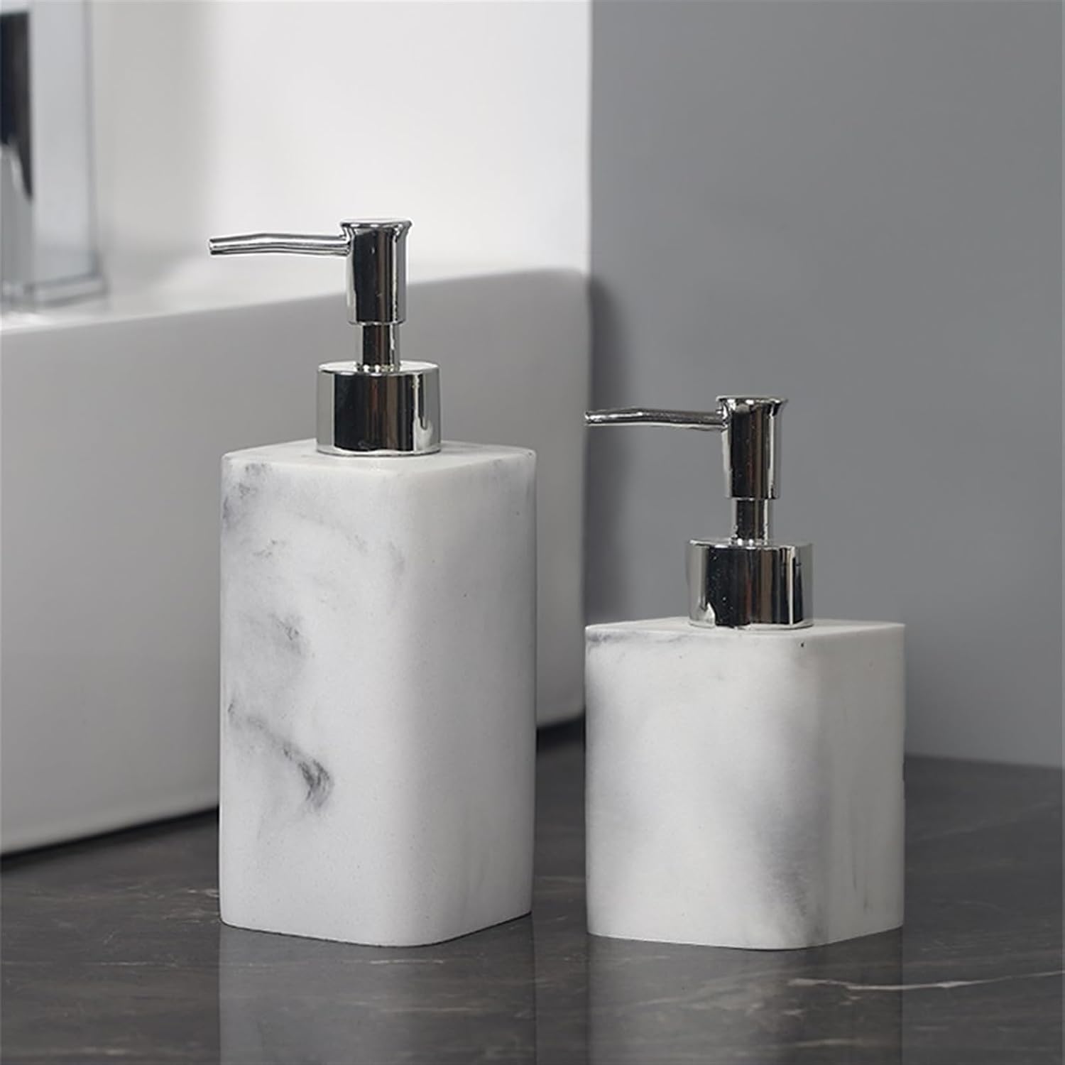 Beautiful Resin Bathroom Accessory Sets, 4 Pieces Accessories Complete Set Vanity Countertop, Includes Lotion Dispenser, Mouthwash Cup, Toothbrush Holder and Tray Bathroom Decor(White,Large)
