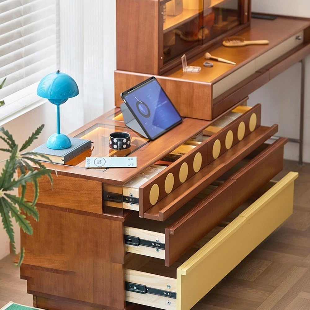 Vanity Table Vintage Solid Wood Vanity Dresser Set - Chic French Corner Makeup Table with Storage Cabinet