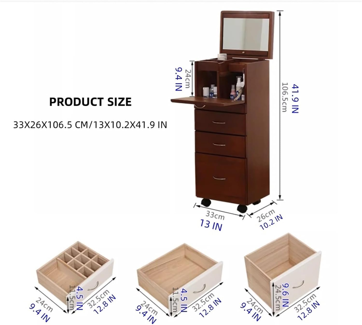 Moveable Vanity Desk with Mirror for Small Spaces Bathroom Storage Cabinet Wood Makeup Dressing Table with Drawers for Bedroom Small Corner Floor Cabinet,Ideal for Home