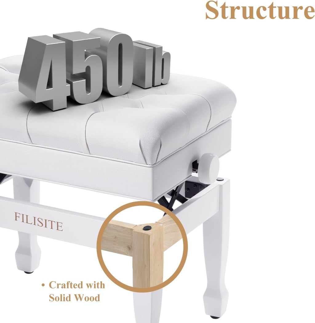 Adjustable Height Piano Bench with Storage, Heavy Duty Solid Wood Piano Stool Keyboard Bench with PU Leather Padded Cushion(White)
