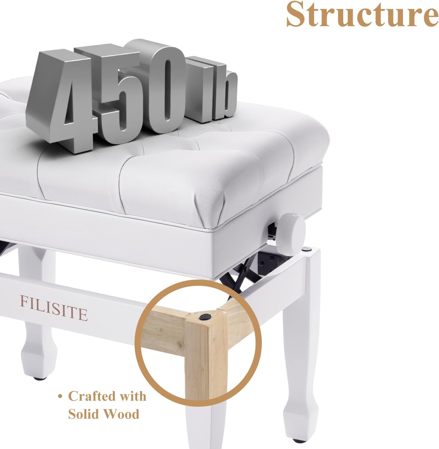 Adjustable Height Piano Bench with Storage, Heavy Duty Solid Wood Piano Stool Keyboard Bench with PU Leather Padded Cushion(White)