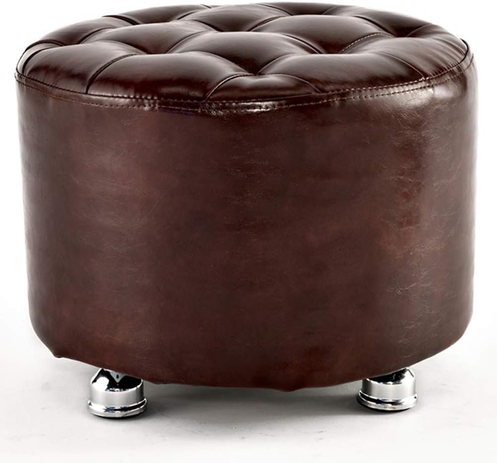 BTZHY Vanity Chair,Wood Seating Footstool Footrest Ottoman Pouffe,Round Makeup Coffee Table Chair Pouf Foot Stool with Faux Leather-Brown 40x40x30cm