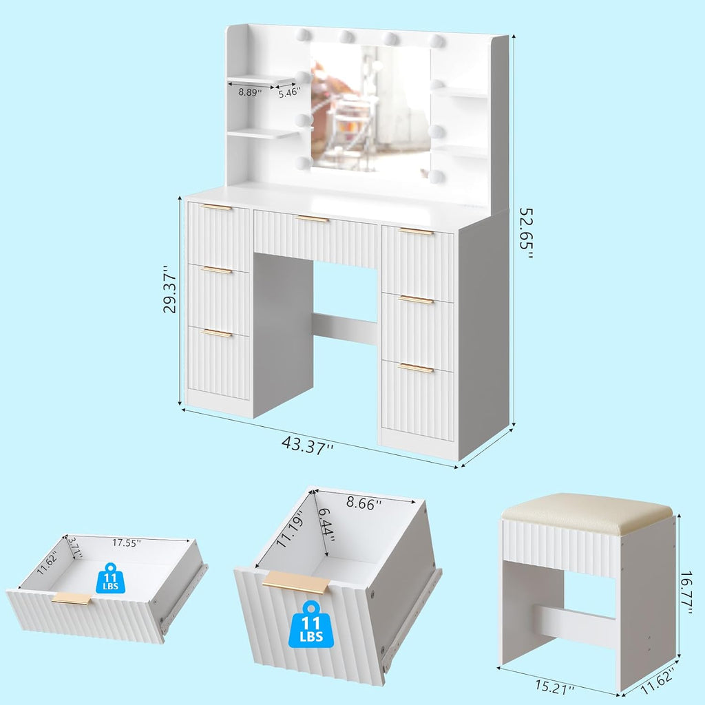 Karl home Fluted Vanity Desk with Mirror and Lights in 3 Modes and Charging Station, Makeup Vanity Table Set with 7 Drawers & Storage Shelves, Dressing Table with Chair for Bedroom, Oak