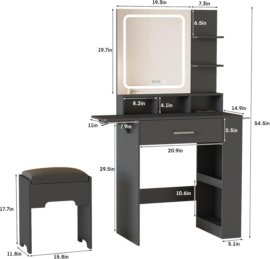 Fameill Vanity Desk with Mirror and Lights, Small Makeup Vanity with Drawer & Lots Storage Shelves, Black Dresser Table with Charging Station & Time Display, Vanity Set with Chair, for Bedroom