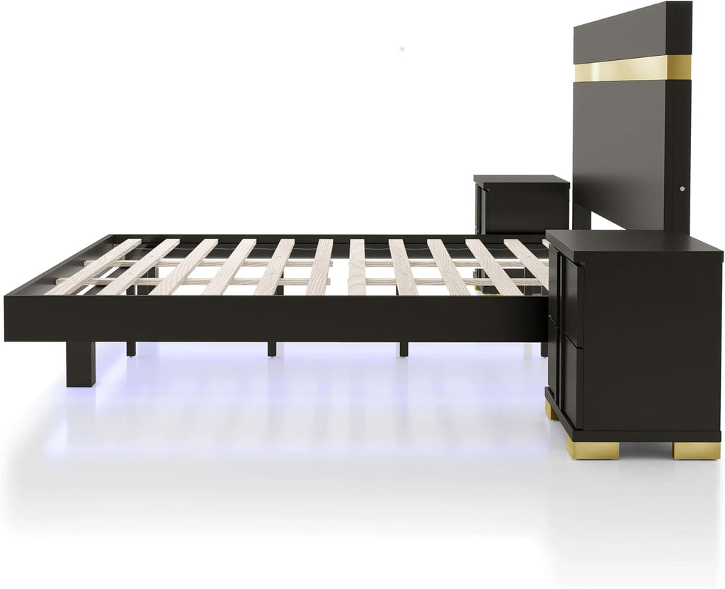 Furniture of America Ansten Modern Wood 3-Piece Platform Bedroom Set with Gold Trim, Underbed LED, Dust Proof Cases, Bracketed Metal Legs, No Box Spring Needed, Queen, Black