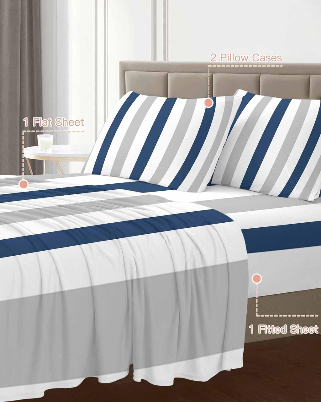 Navy Blue Striped King Sheet Set 4 Piece Bedding - Geometric Grey White Vertical Stripes Breathable Comfy Cooling Bed Sheets & Pillowcase Sets,Hotel Luxury Flat Sheets Deep Pockets Fitted Sheet