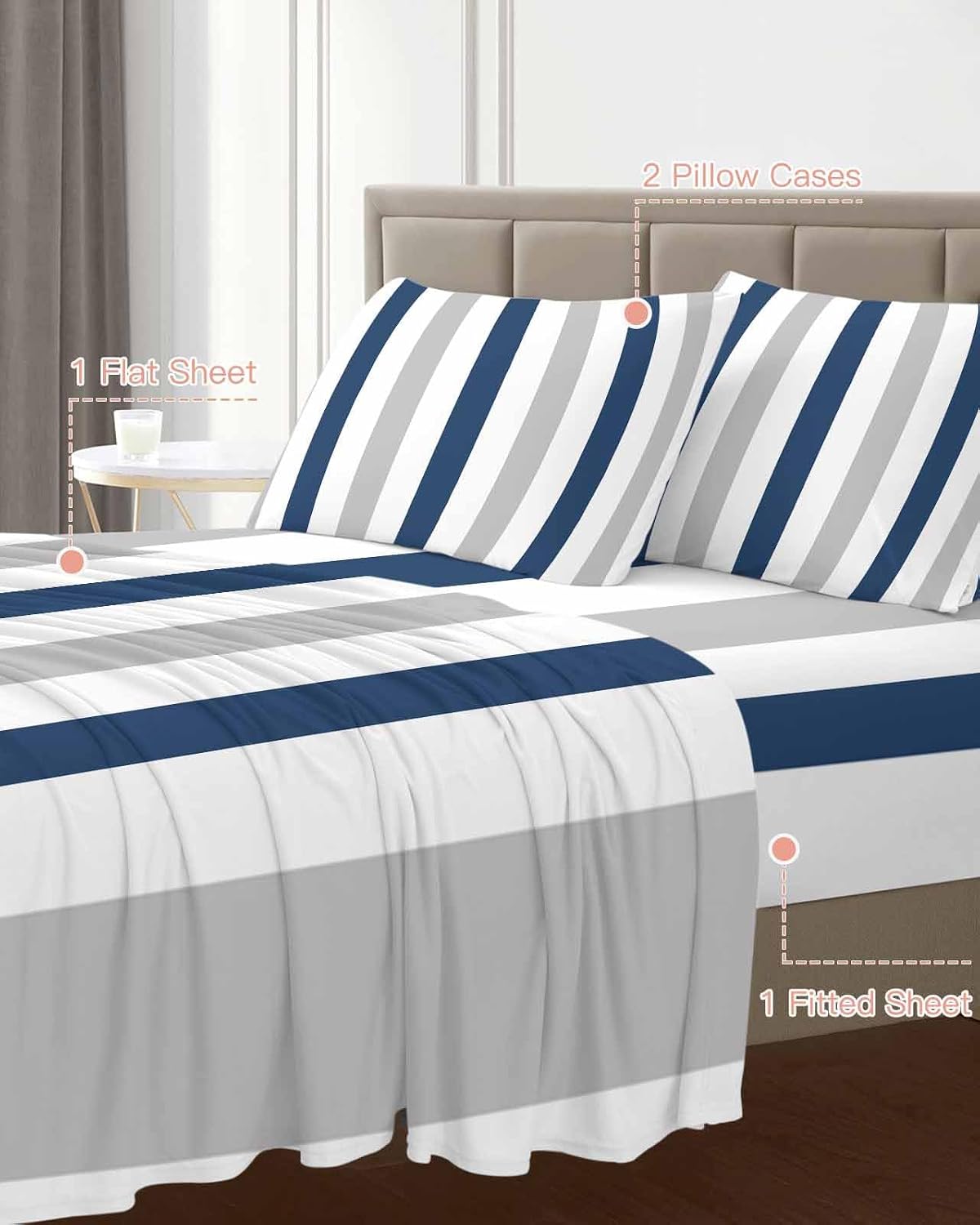 Navy Blue Striped King Sheet Set 4 Piece Bedding - Geometric Grey White Vertical Stripes Breathable Comfy Cooling Bed Sheets & Pillowcase Sets,Hotel Luxury Flat Sheets Deep Pockets Fitted Sheet
