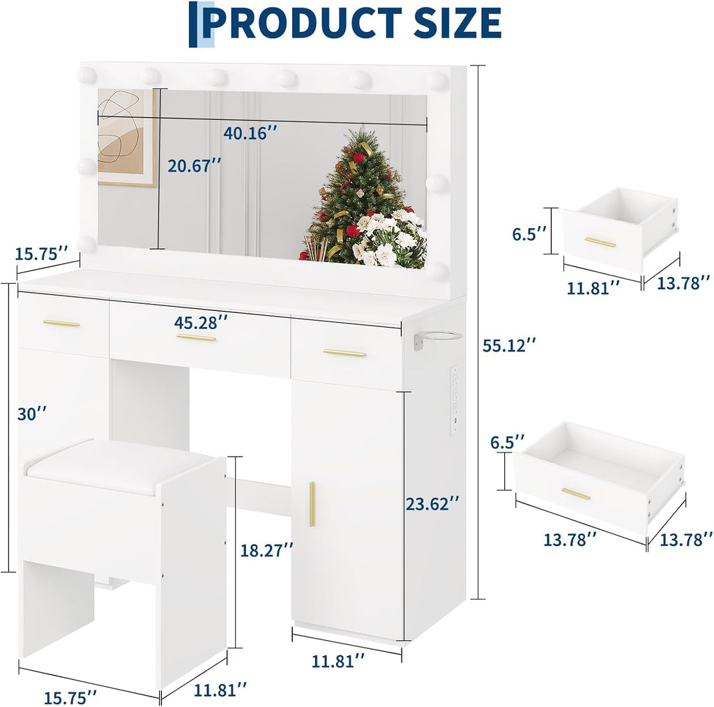 IDEALHOUSE Makeup Vanity Desk with Mirror and Lights, Modern White Vanity Table with Drawers, Charging Station & Storage Stool, Wood Make Up Vanity Set for Bedroom Apartment