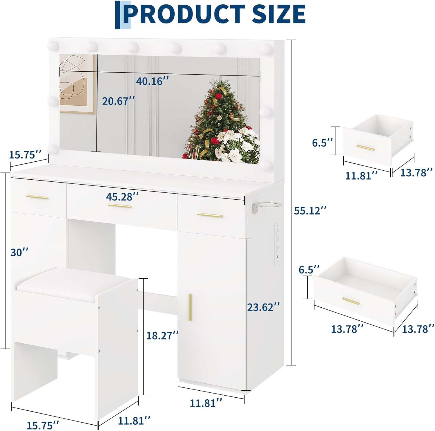 IDEALHOUSE Makeup Vanity Desk with Mirror and Lights, Modern White Vanity Table with Drawers, Charging Station & Storage Stool, Wood Make Up Vanity Set for Bedroom Apartment