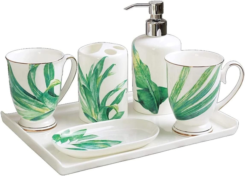 Vanity Bathroom Decor, White Bathroom Accessories Set Ceramic 5 Pieces Bathroom Ensemble for Bath Decor Tropical Plant Pattern Housewarming Gift(6-Piece Set)