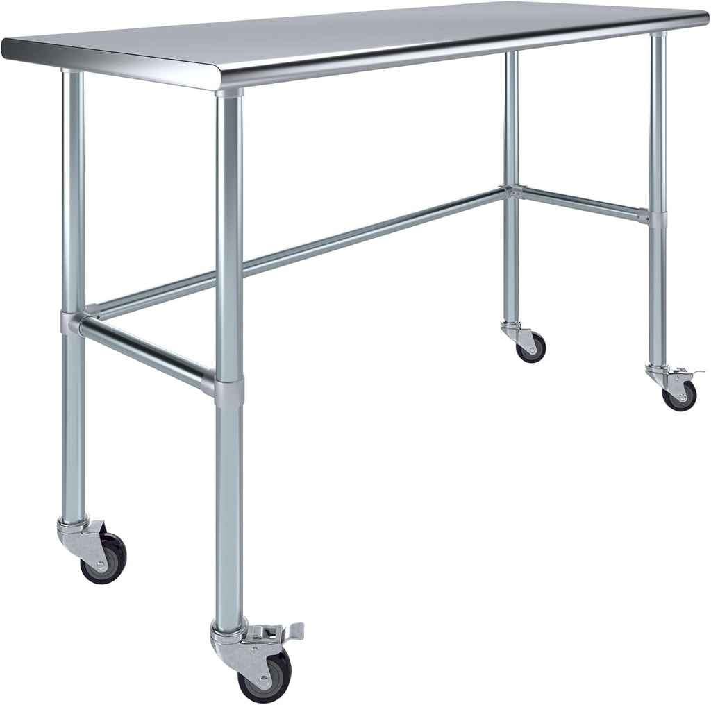 AmGood Stainless Steel Work Table Open Base & Wheels | Work Station | Metal Work Bench (Stainless Steel Work Table Open Base + Casters, 60' Long x 24' Deep)
