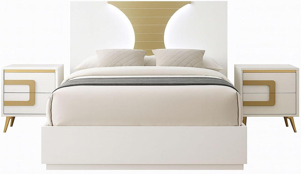 Kings Brand Furniture 3-Piece White/Gold Bedroom Set – Queen Size Wood Bed Frame with 2 Nightstands
