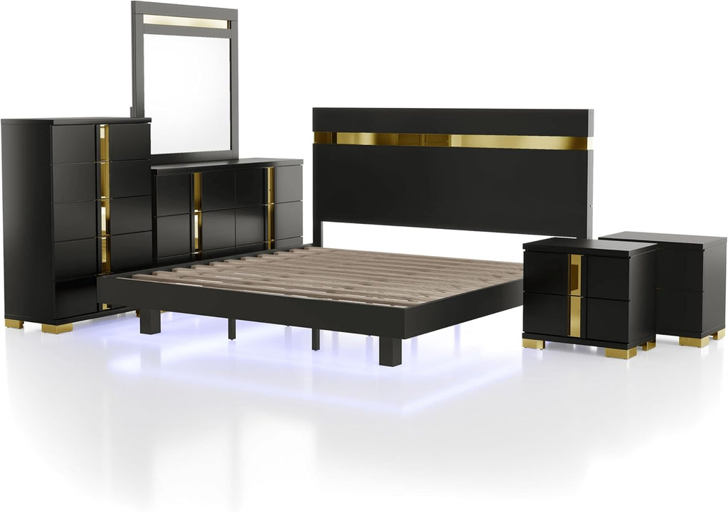 Furniture of America Ansten Modern Wood 6-Piece Platform Bedroom Set with Gold Trim, Underbed LED, Dust Proof Cases, Bracketed Metal Legs, No Box Spring Needed, Full, Black