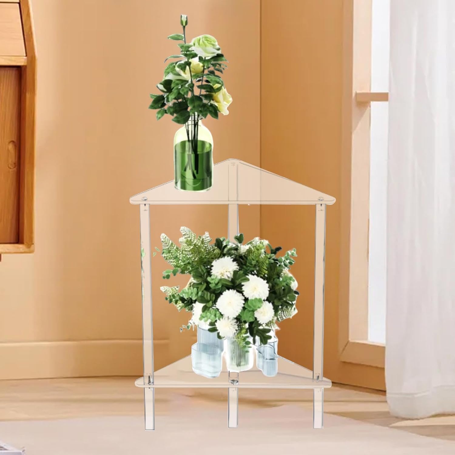 Acrylic Corner Shelf End Table Plant Stand, Clear Side Table Dresser Organizer, Vanity Stand for Counter