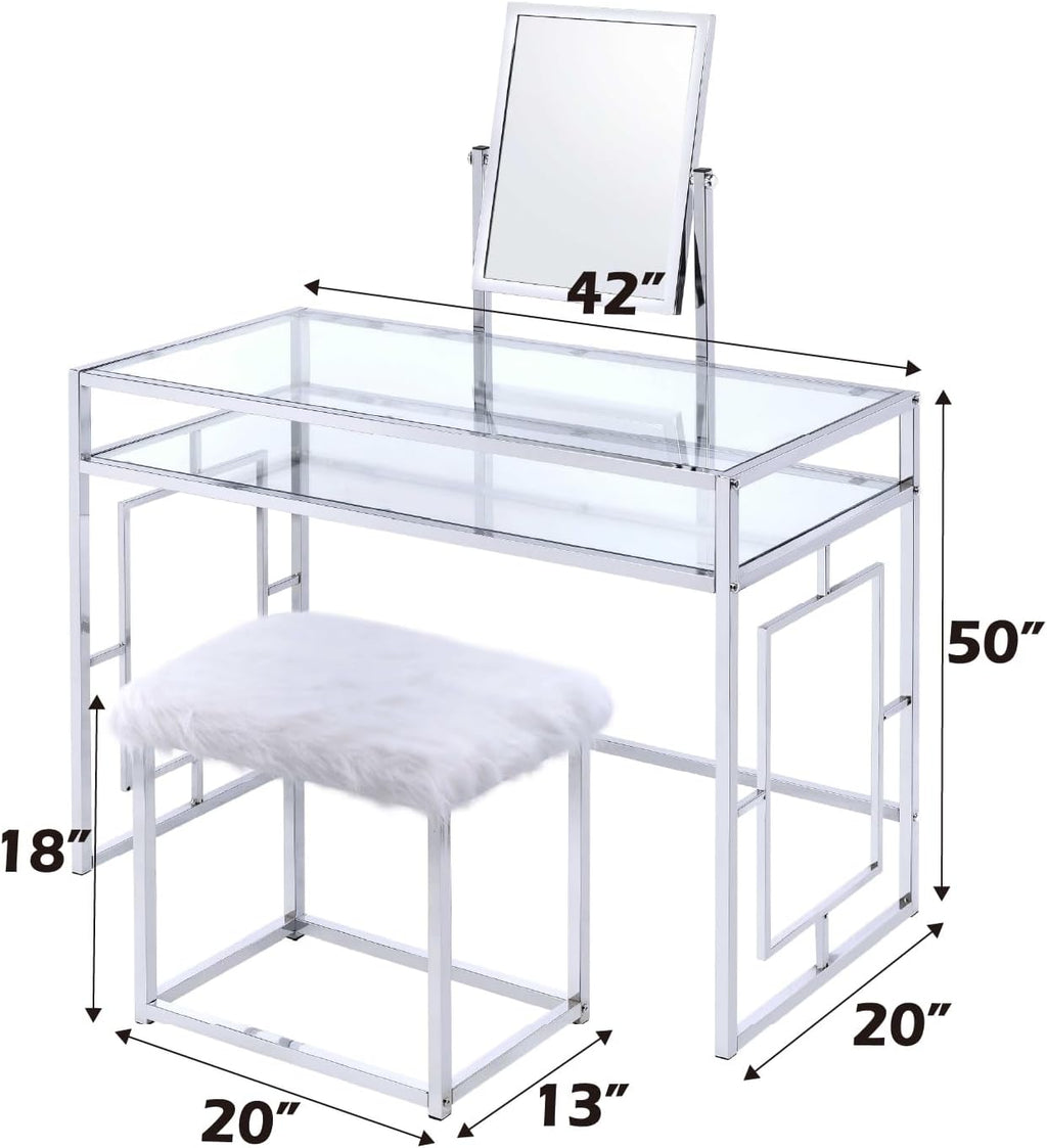 Acme Josh Metal Frame Vanity and Stool in White and Chrome