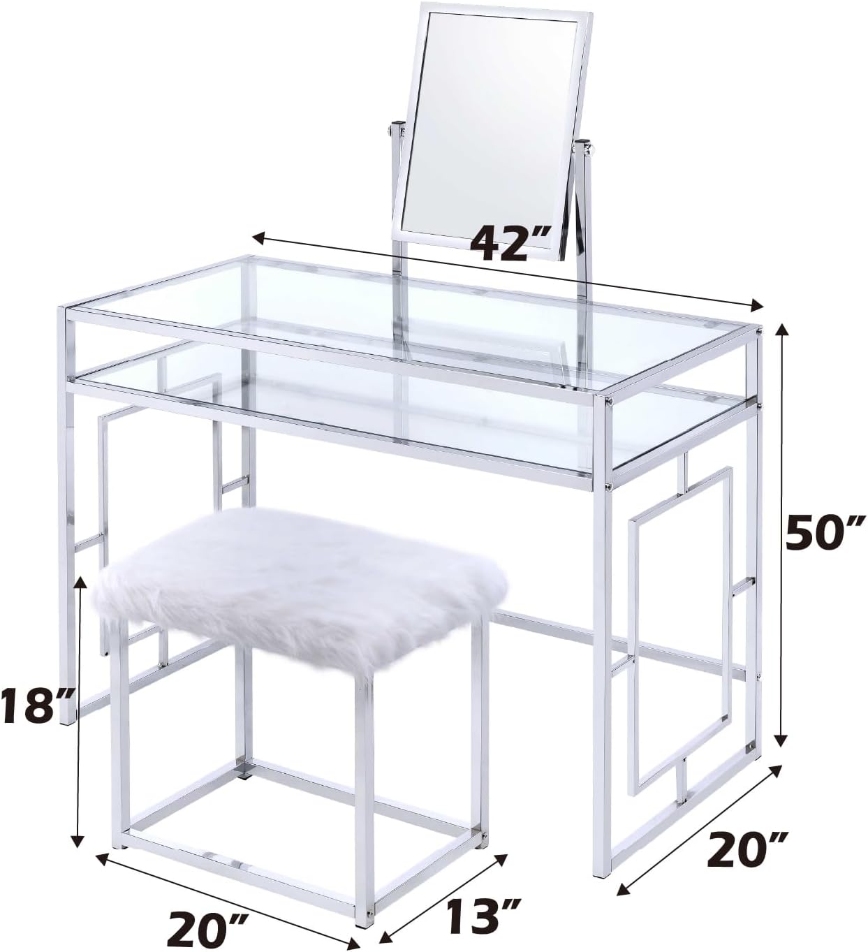 Acme Josh Metal Frame Vanity and Stool in White and Chrome