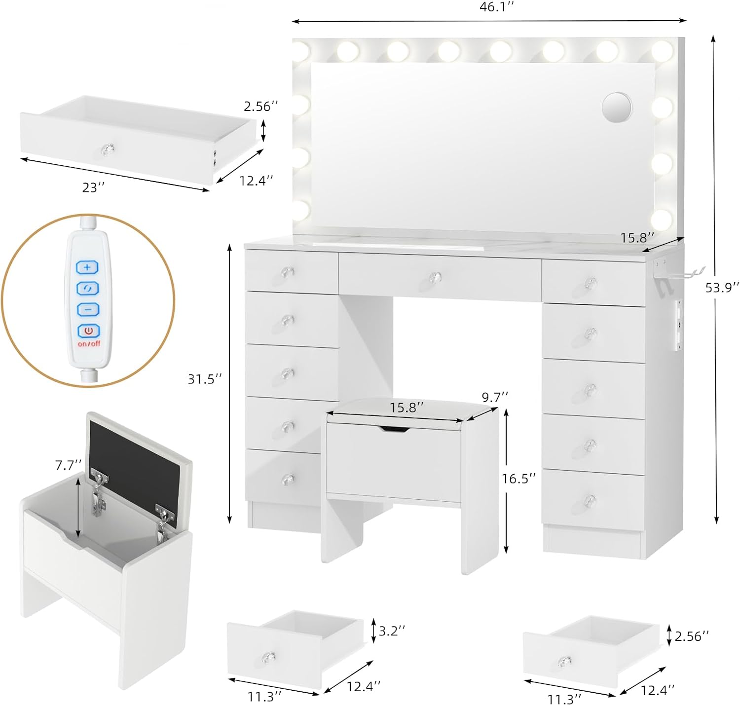 VOWNER Vanity with Lighted Mirror - Makeup Vanity Desk with 11 Drawers and Outlet, 3 Color Lighting Modes Adjustable Brightness, 46' Vanity Table with Soft Cushioned Stool for Bedroom, Marble