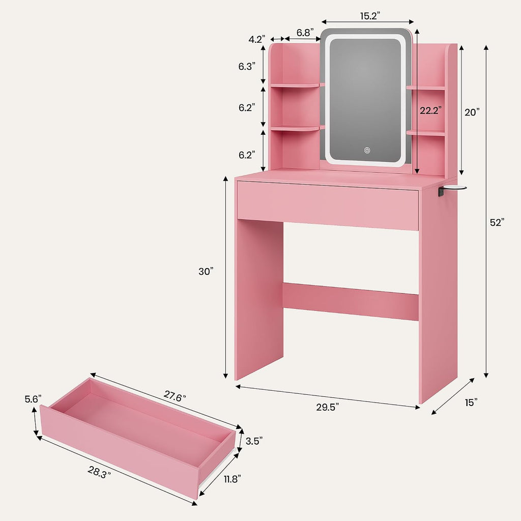 Vanity Desk with Mirror and Lights, Small Makeup Vanity Desk with Storage Drawer,3 Lighting Moders & Adjustable Brightness,Compact Dressing Table with 3-Tier Open Shelf for Girls Women Bedroom(Pink)