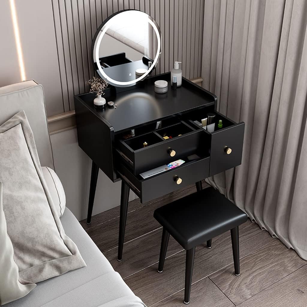 Vanity Benches Vanity Desk Set Cosmetic Storage Desk Bedroom Small Unit Dresser with Vanity Stool, Mirror, Three Drawers (Color : A, Size : L60cm)