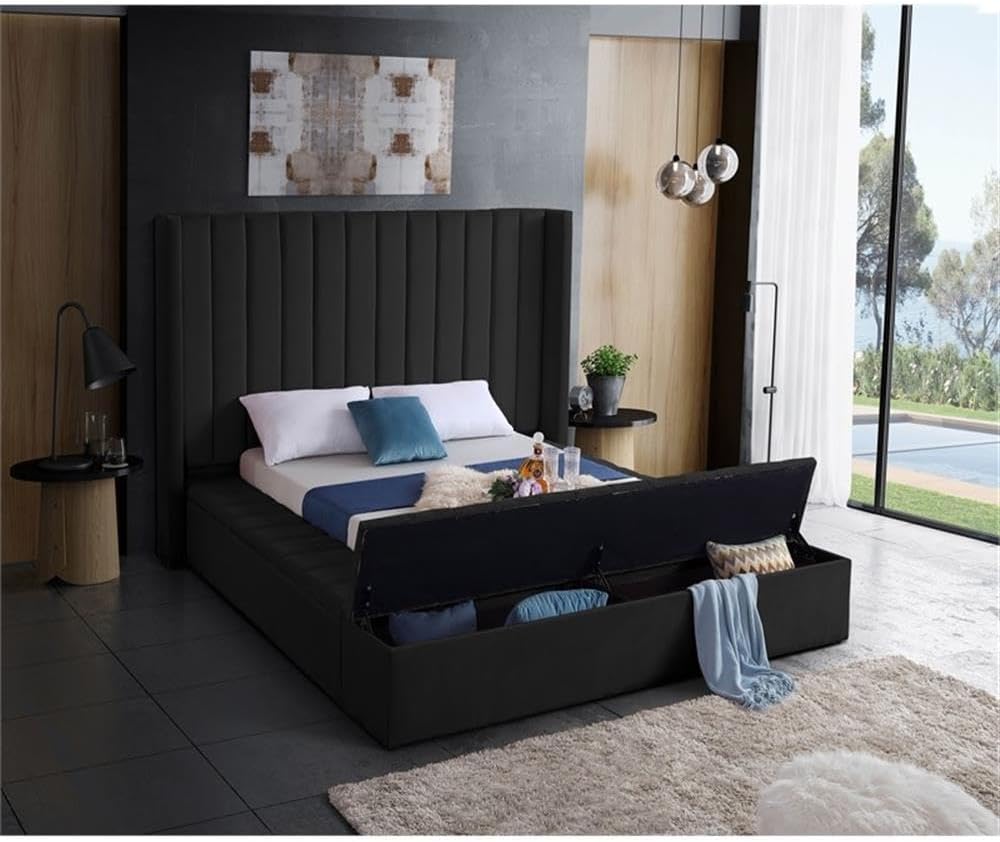 Meridian Furniture Kiki Collection Modern | Contemporary Velvet Upholsterd Bed with Channel Tufting, Siderails and Footboard Storage Compartments, Queen, Black
