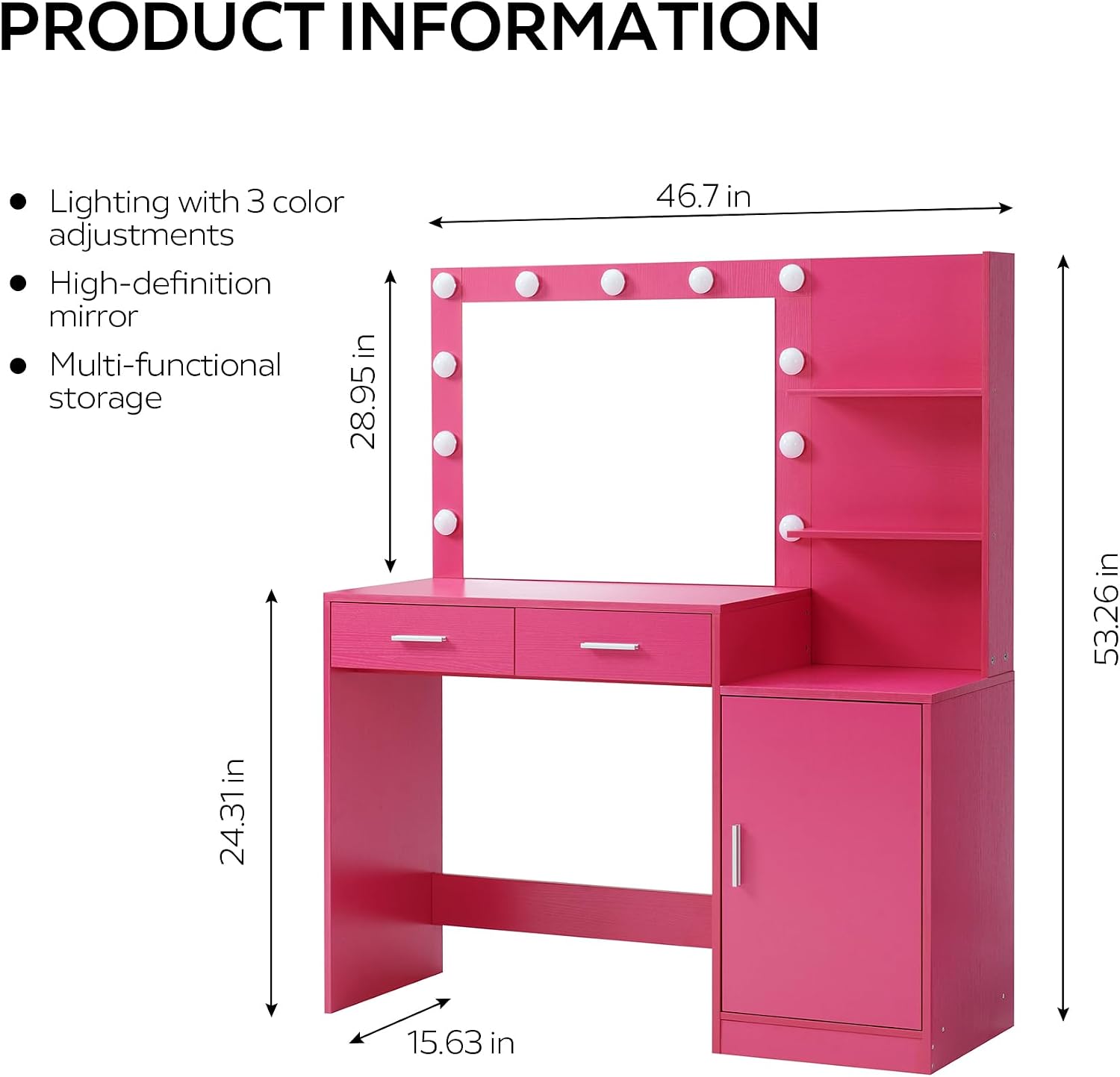 MIRROTOWEL 46.7' Vanity Desk with Mirror & LED Lights, Dressing Table with 2 Large Drawers & Vertical Organizer, 3-Tier Storage, 3 Adjustable Lighting Modes, Makeup Desk for Bedroom