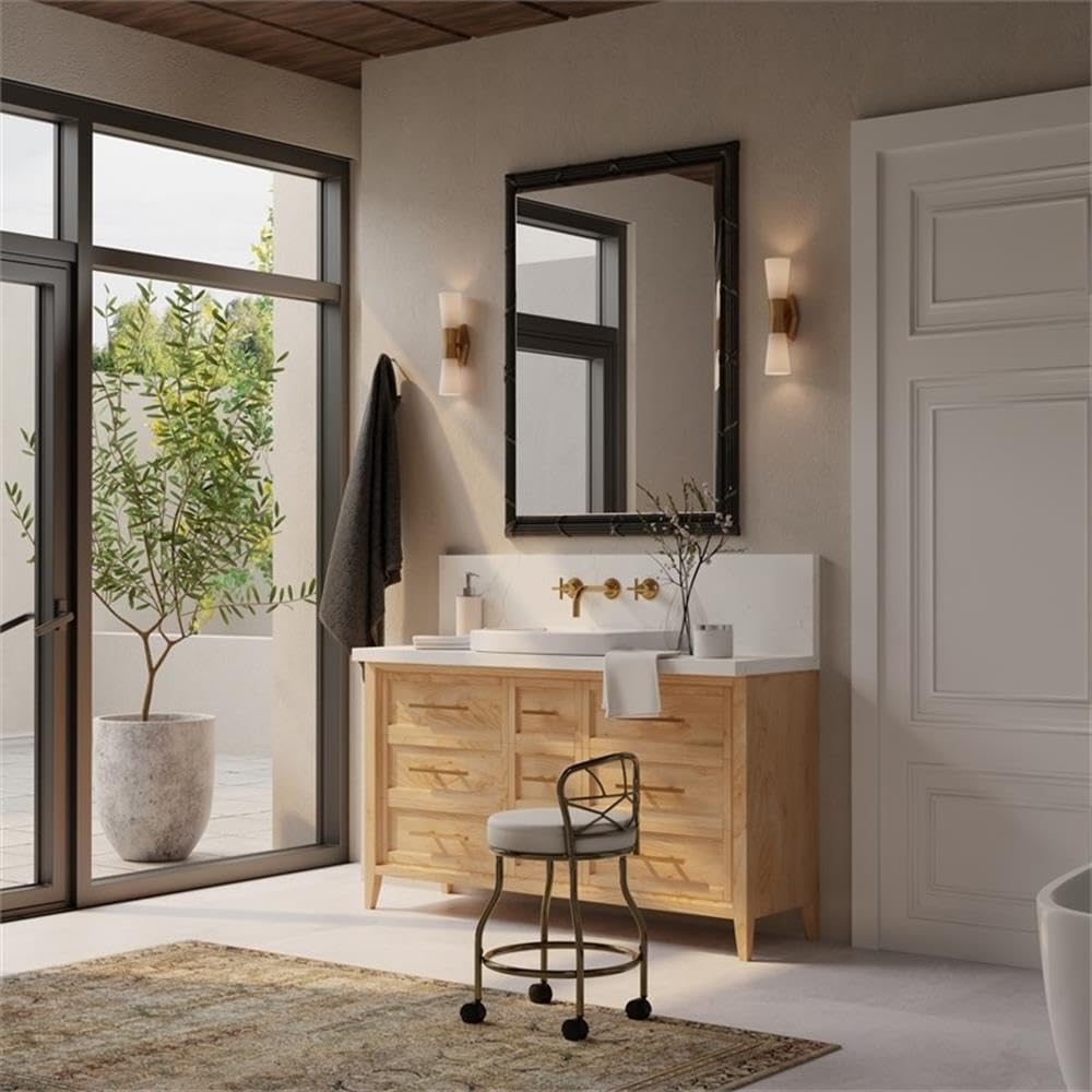 Pemberly Row Modern X-Back Vanity Bench, 27.5 in Tall, Gold Powder-Coated Metal Frame, White Leatherette Upholstered Seat, Casters for Easy Mobility, Elegant Bathroom or Dressing Room Seating