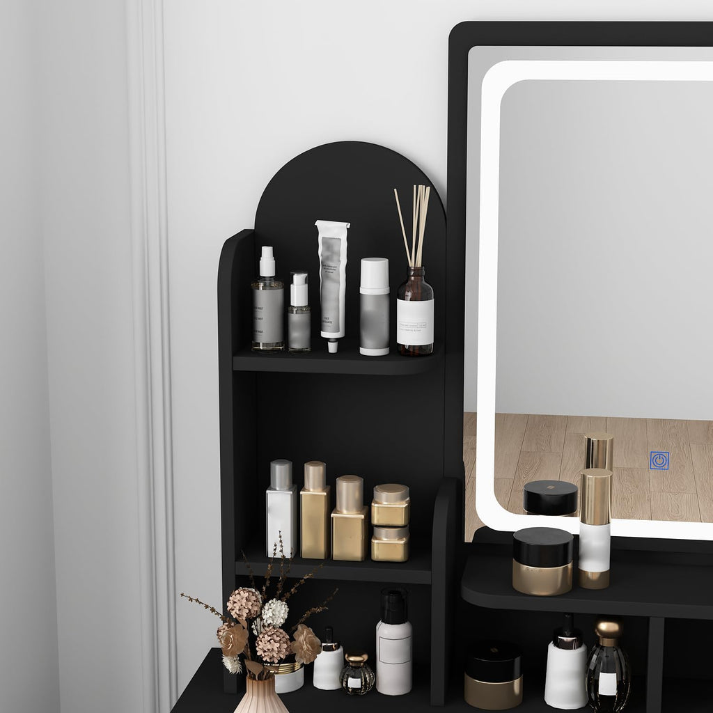Vanity with Chair, Dressing Table with Lighted Rectangular Mirror, 5 Drawers and Shelves, Makeup Vanity Set with Storage for Bedroom, Crystal Knobs, Black, 15.7' D x 31.5' W x 55.1' H