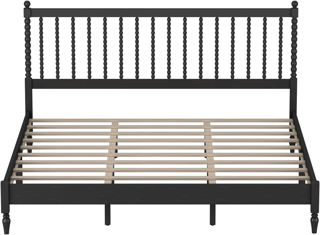 Generic 3 s Bedroom Sets King Size Wood Platform Bed with Gourd Shaped Headboard with 2 Nightstands,Antique Black