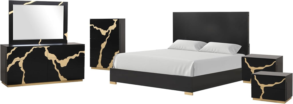 Furniture of America Quanta Modern Wood 6-Piece Bedroom Set with Panel Headboard, Felt-Lined Top Drawer, Ball-Bearing Glides, Dovetails Joint, No Box Spring Needed, King, Black