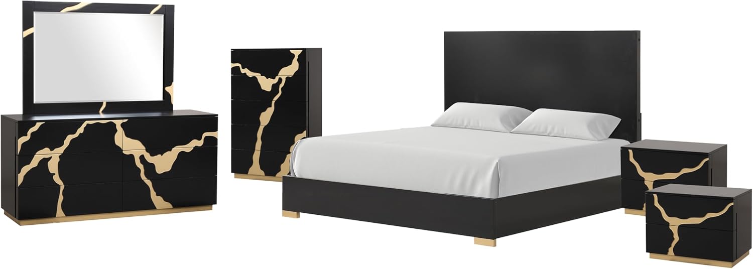 Furniture of America Quanta Modern Wood 6-Piece Bedroom Set with Panel Headboard, Felt-Lined Top Drawer, Ball-Bearing Glides, Dovetails Joint, No Box Spring Needed, King, Black
