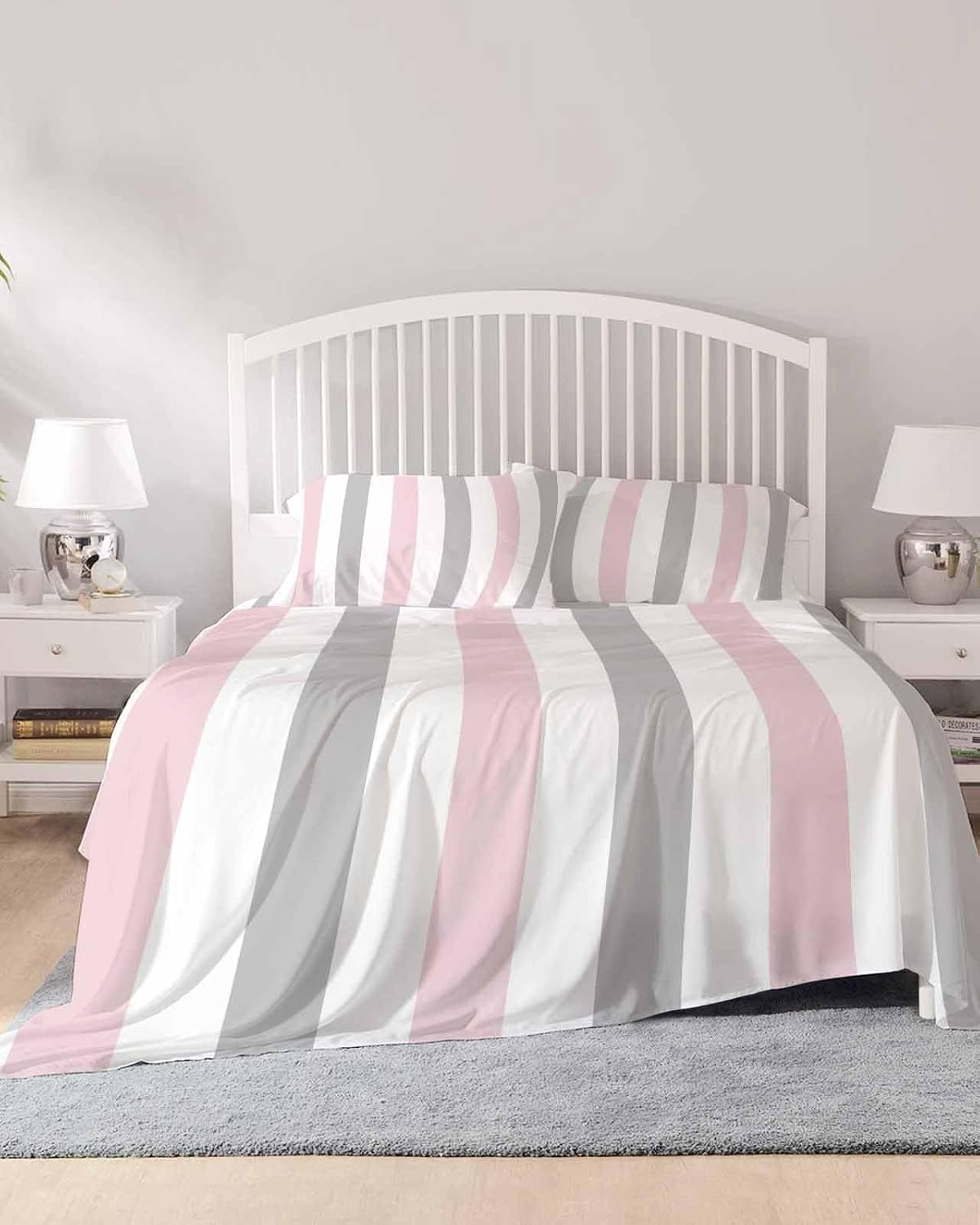 Pink Grey Striped Queen Sheet Set 4 Piece Bedding - Geometric Vertical Stripes Minimalist Breathable Comfy Cooling Bed Sheets & Pillowcase Sets,Hotel Luxury Flat Sheets Deep Pockets Fitted Sheet