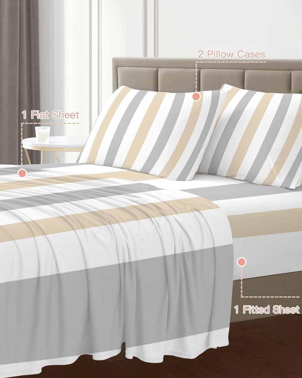 Beige Grey Striped King Sheet Set 4 Piece Bedding - Geometric Vertical Stripes White Breathable Comfy Cooling Bed Sheets & Pillowcase Sets,Hotel Luxury Flat Sheets Deep Pockets Fitted Sheet for Women