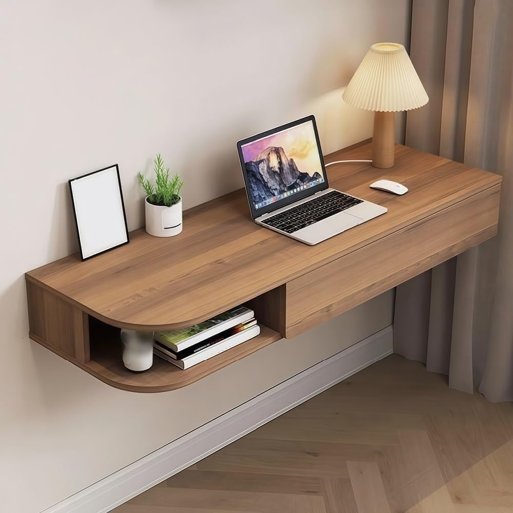 Wall-Mounted Desk with Storage Drawers Hanging Corner Vanity Table Wooden Computer Table Adjustable Bookshelf for Home Offices Heavy Duty(Brown Left,80 cm)
