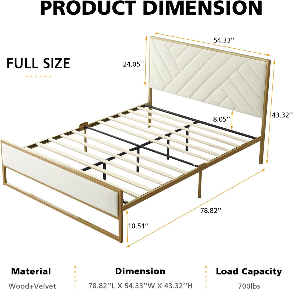 VELOCAVA Full Metal Upholstered Bed with Geometric Headboard, Velvet Platform Bed with 10'' Under Bed Storage Supported by Metal Base and Wooden Slats, No Box Spring Needed, Gold&Cream
