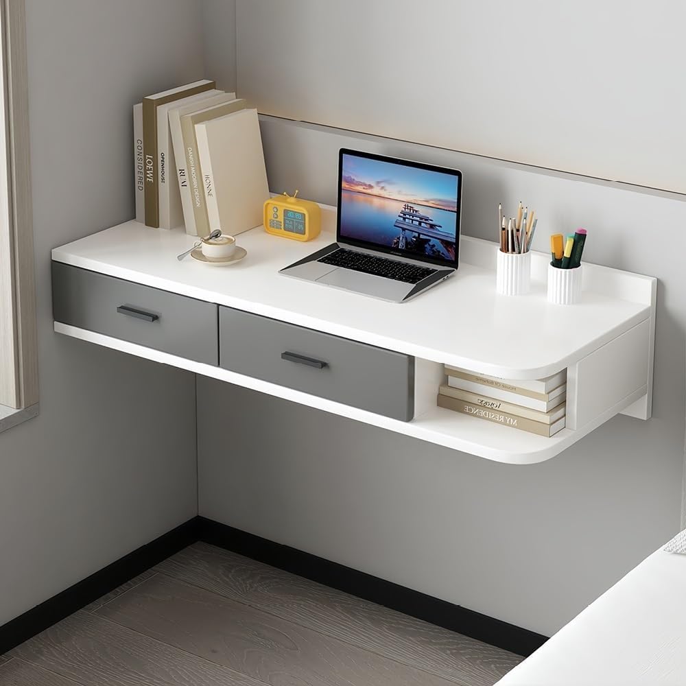 Floating Writing Desk with Storage Drawers Wall-Mounted Computer Table Hanging Corner Vanity Table Rounded Corners for Chamber Practical(White Right,100 cm)