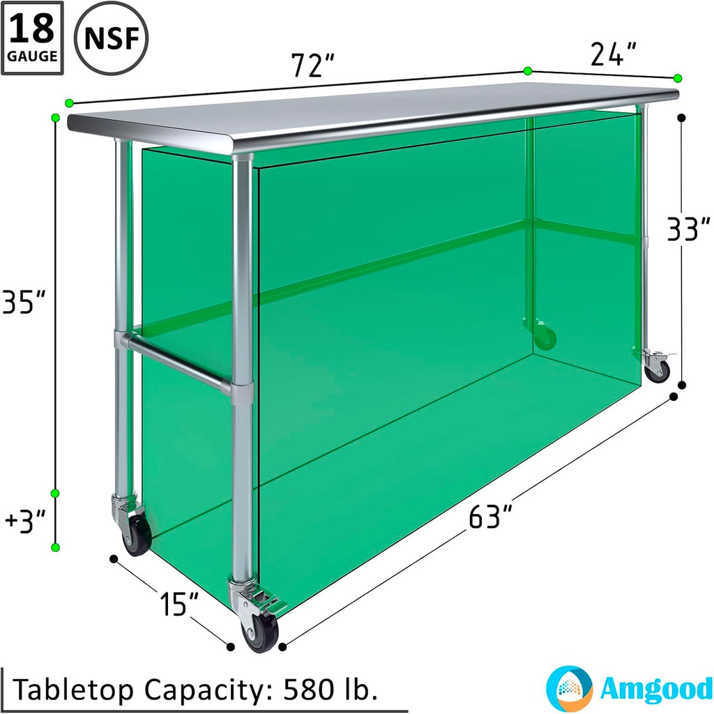AmGood Stainless Steel Work Table Open Base & Wheels | Work Station | Metal Work Bench (Stainless Steel Work Table Open Base + Casters, 72' Long x 24' Deep)