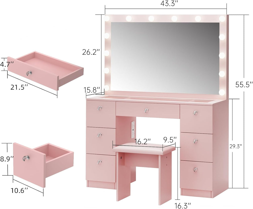 VOWNER Vanity with Lighted Mirror - Glass Top Makeup Vanity Desk with 7 Drawers and Power Outlet, 3 Color Lighting Modes Adjustable Brightness, 44' Vanity Table with Stool for Women Girls, Pink