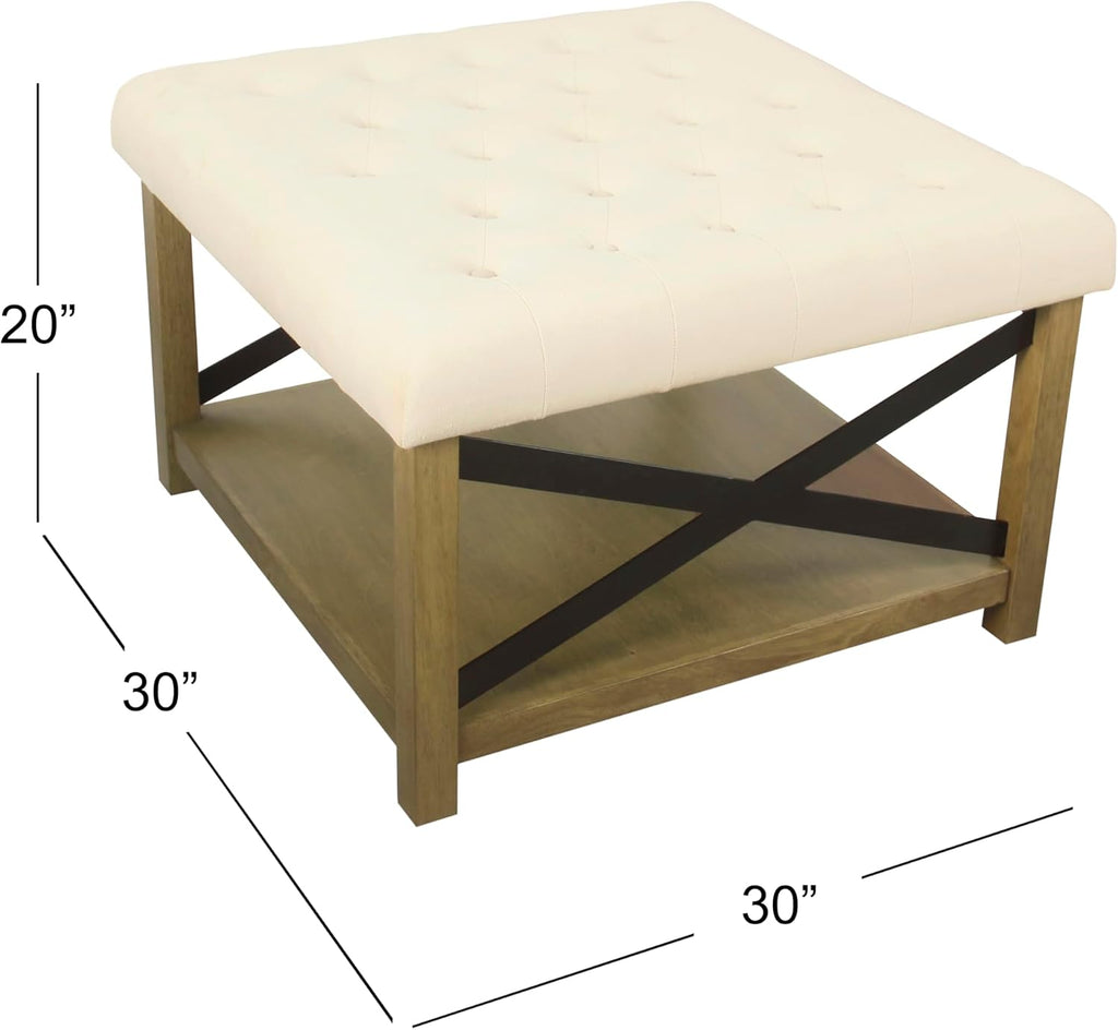 Upholstered Bench with Wood Frame and Shelf, Beige
