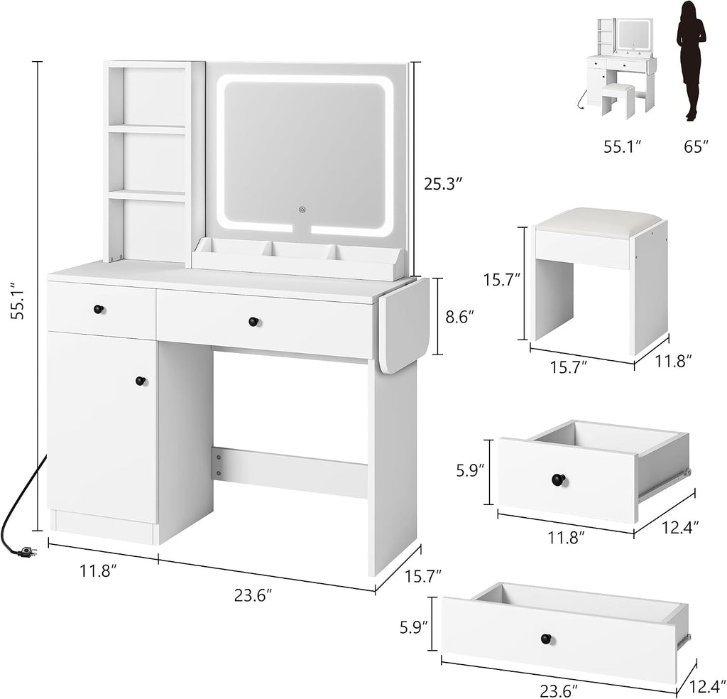 GarveeHome Makeup Vanity Desk with Mirror and Lights, Vanity Table Set with Drawer & Power Outlet & Chair & 3 Shelves, Bedroom, White