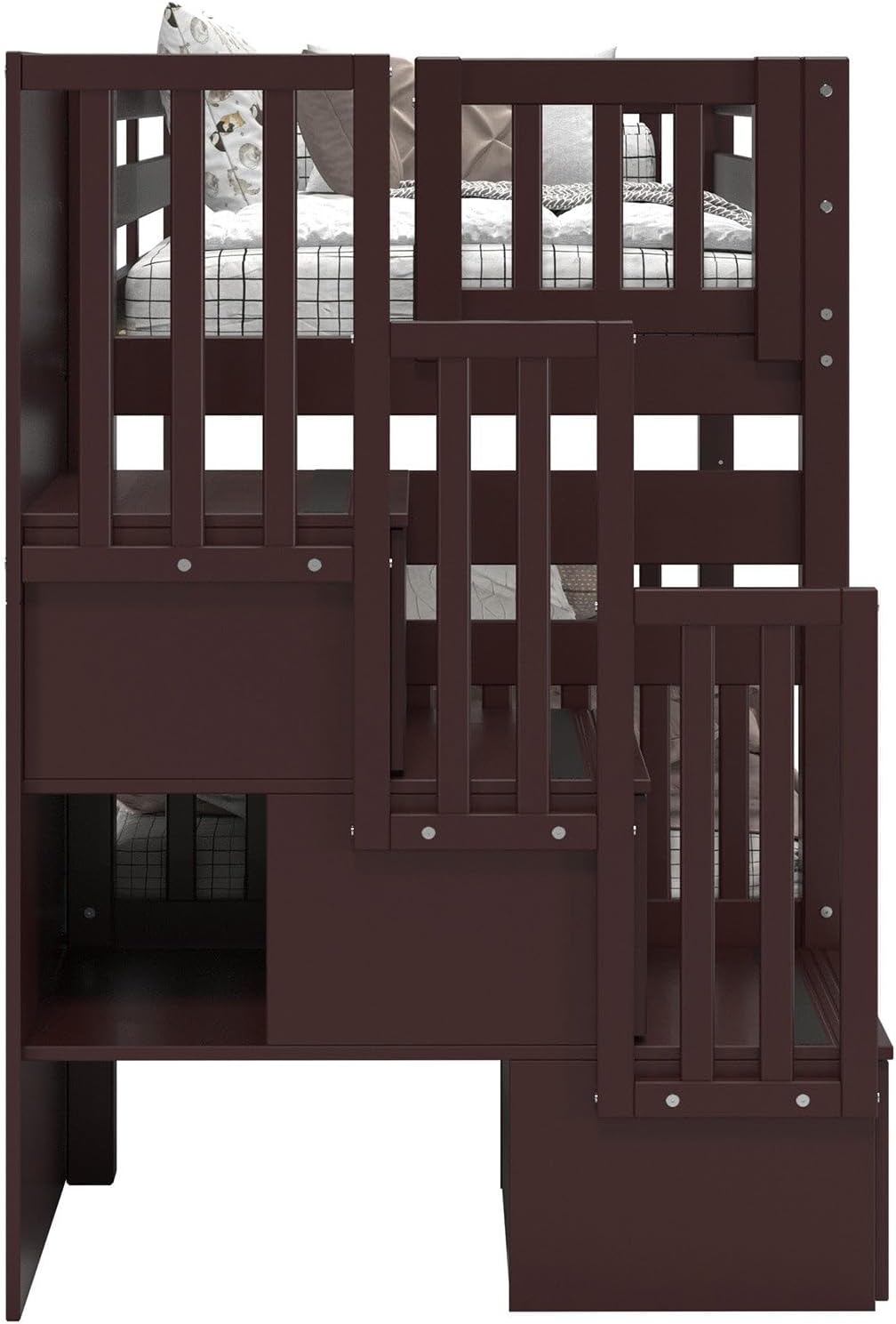 Bedz King Stairway Bunk Beds Twin Over Twin, 3 Step Drawers, Dark Cherry