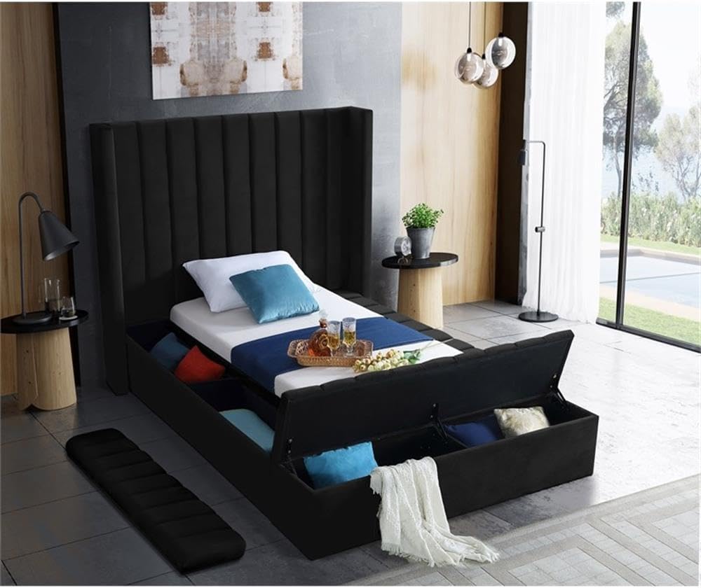 Meridian Furniture Kiki Collection Modern | Contemporary Velvet Upholsterd Bed with Channel Tufting, Siderails and Footboard Storage Compartments, Twin, Black