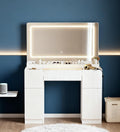 INNOD Vanity Desk with Large Mirror and Lights, Modern Glass Top Makeup Vanity Set with Power Outlet, 3 Drawers and 2 Cabinet, 3 Lighting Color Adjustable Dressing Table for Bedroom,Pure White