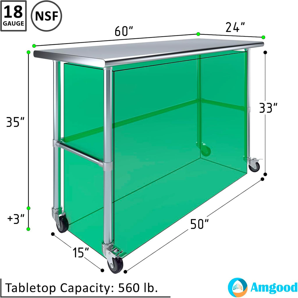 AmGood Stainless Steel Work Table Open Base & Wheels | Work Station | Metal Work Bench (Stainless Steel Work Table Open Base + Casters, 60' Long x 24' Deep)