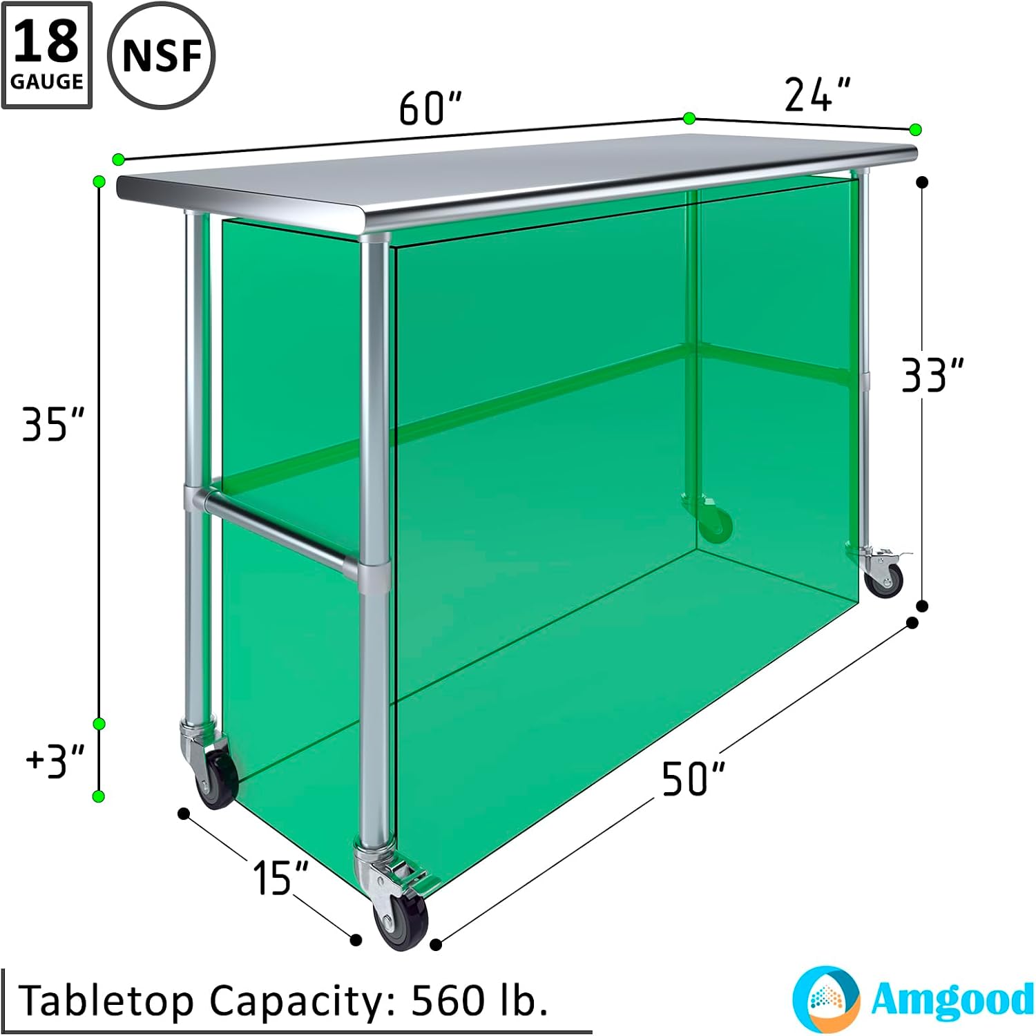 AmGood Stainless Steel Work Table Open Base & Wheels | Work Station | Metal Work Bench (Stainless Steel Work Table Open Base + Casters, 60' Long x 24' Deep)