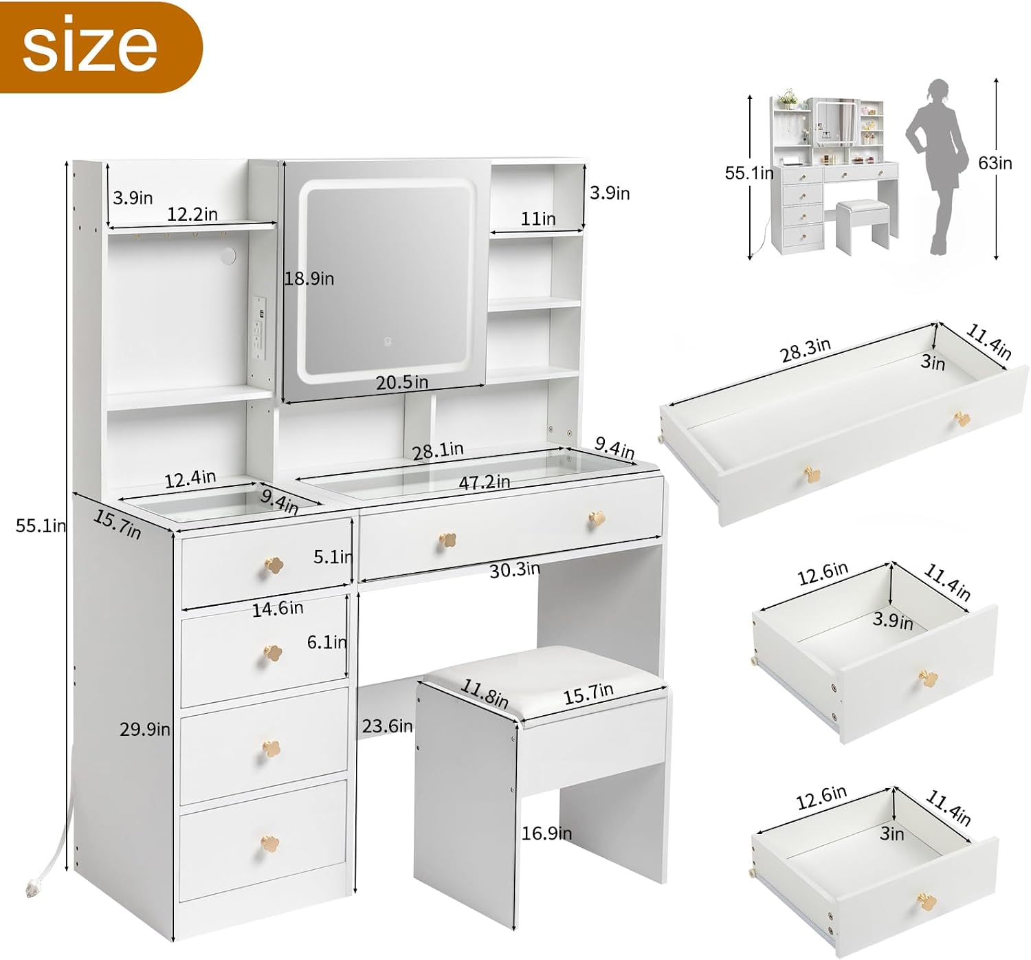 Karl home Makeup Vanity with Lighted Mirror Bedroom Vanity Desk with Charging Station Large Vanity Set with Transparent Desk, Drawers, Cabinet, Shelves for Storage in Bedroom, White