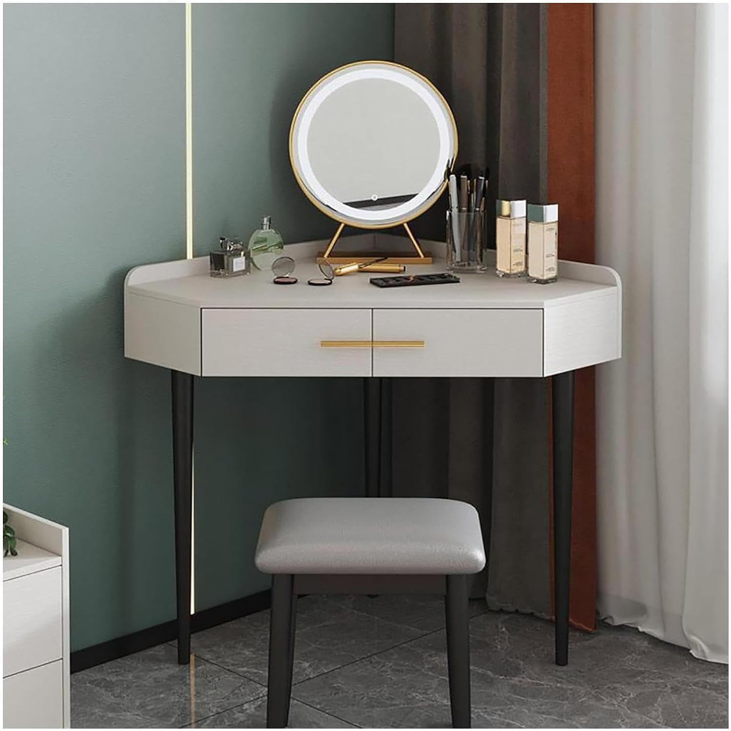 Rieort Makeup Table Adjustable Brightness Mirror Vanity Benches with 2 Drawers Vanity Desk Padded Stool Home Vanity Table Set