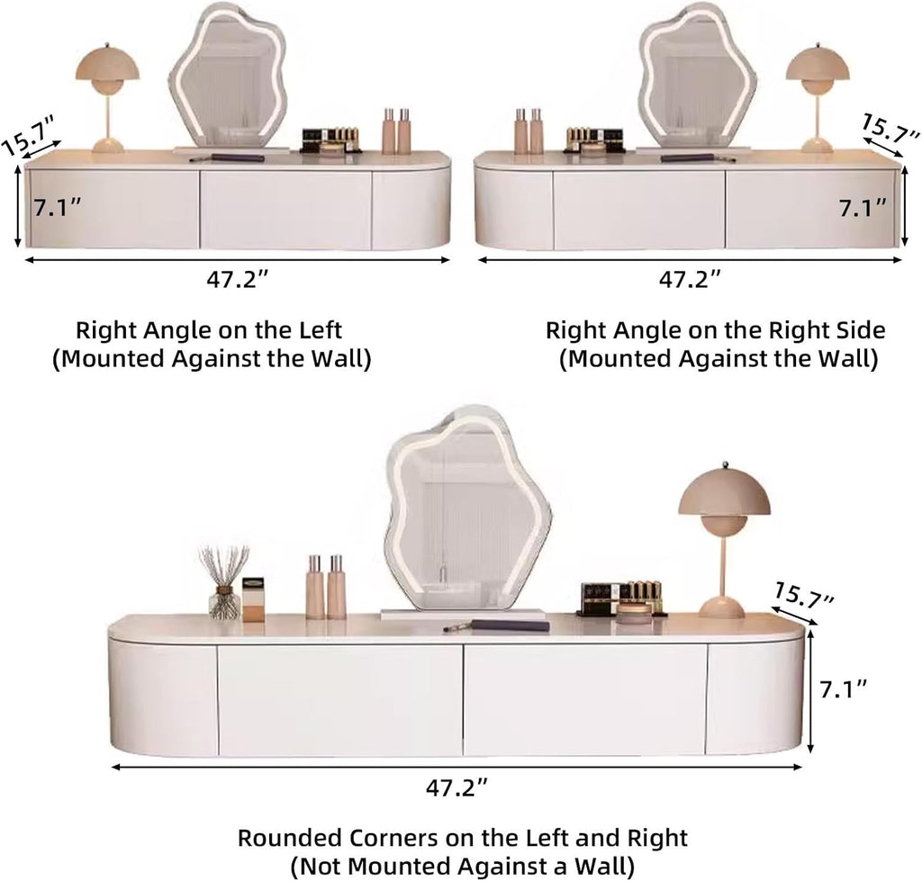 White Floating Vanity Makeup Table Wall Mounted Vanity Desk Wall-mounted Makeup Cabinet Dressing Floating Corner Desk Dresser Storage Set With Mirror And Lights Small Space Bedside Dressing Table(Free
